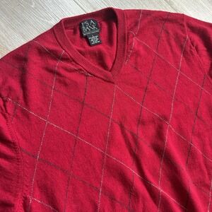 Jos A Bank Lambswool‎ Blend Sweater Mens Large Argyle V Neck Red Long Sleeve